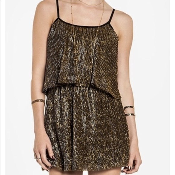 LOVERS + FRIENDS gold bronze open back micro pleat retro disco mini dress - Picture 1 of 9
